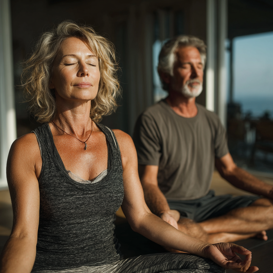 Літня жінка практикує йогу