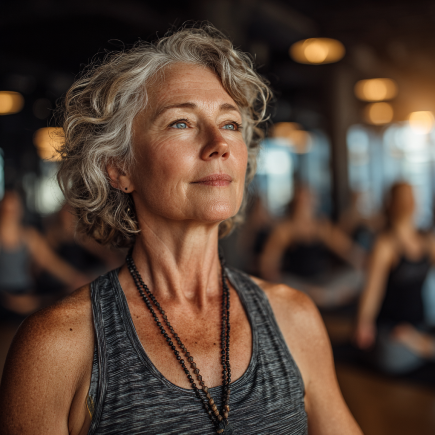 Літні люди займаються йогою в парку